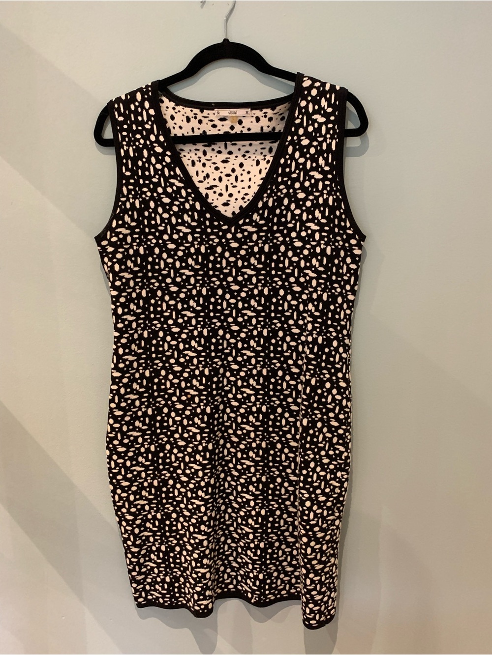 Sioni Sleek Black and White Patterned V-Neck Dress